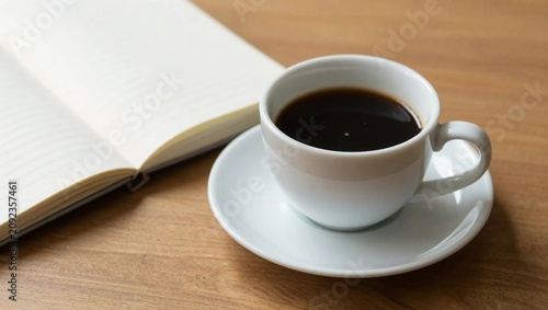 Freshly brewed coffee served on wooden table beside open notebook creating cozy workspace with relaxing morning atmosphere.