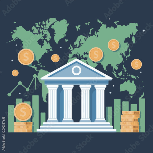 International Day Of Banks Vector Illustration,
Global Banking Concept Flat Vector Design,
Modern Bank Building World Map Vector Illustration.