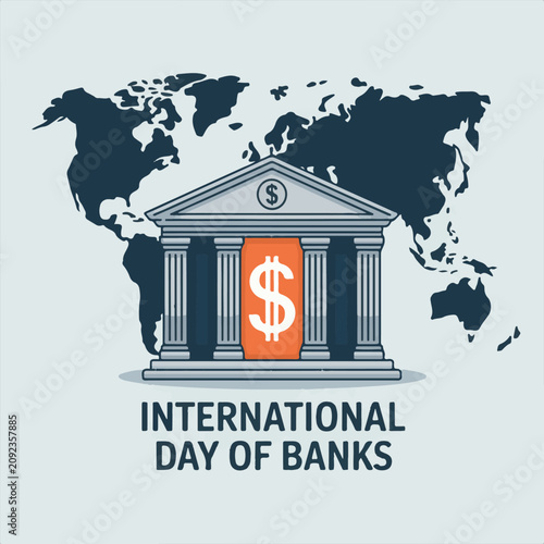 International Day Of Banks Vector Illustration,
Global Banking Concept Flat Vector Design,
Modern Bank Building World Map Vector Illustration.