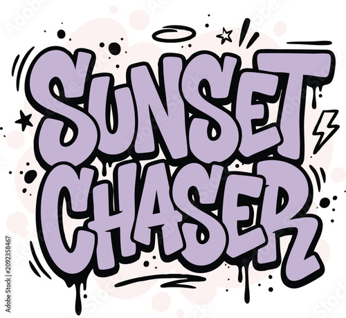 Fotografie Graffiti style sunset chaser typography vector, purple bubble letter street art