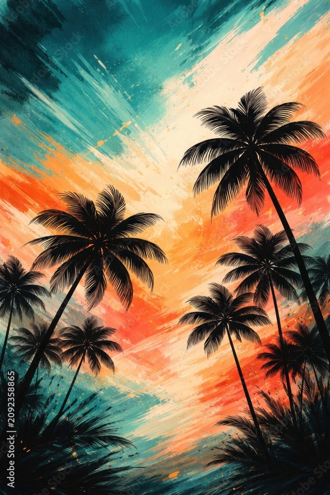 Obraz premium Colorful tropical sunset with silhouetted palm trees and vivid brushstrokes.