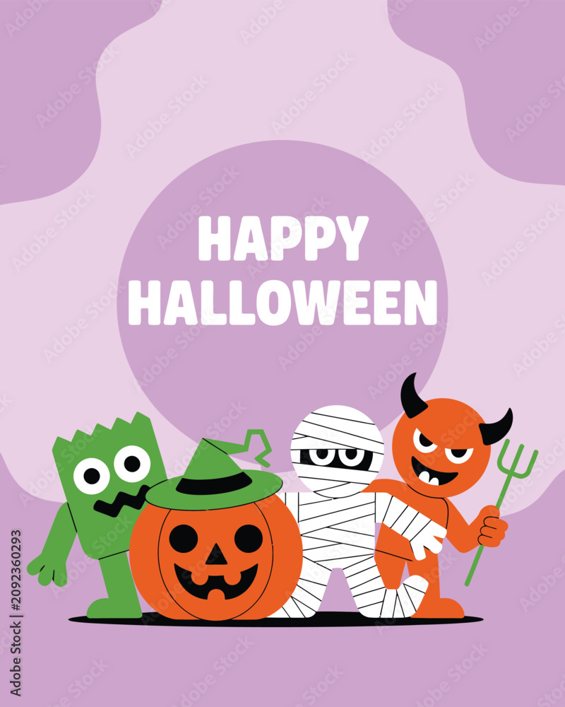 Fototapeta premium Four cartoon characters in festive Halloween costumes stand together on a vibrant purple background