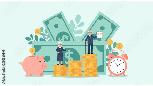 Retirement Savings Concept with elderly couple on coin stacks, piggy bank, and clock, ideal for pension planning and financial security.