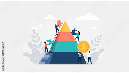 Business Teamwork Success. Diverse people assembling a colorful pyramid with puzzle pieces and gold coin, ideal for corporate strategy presentations and financial growth concepts.