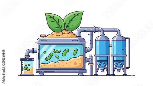 Sustainable Bio-Technology Illustration featuring microbes in a glass tank with pipes and green leaves, ideal for renewable energy and biotechnology presentations.