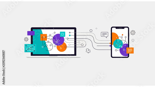 Digital Data Synchronization laptop and smartphone connected by abstract network lines. Ideal for technology blogs and cross-platform connectivity marketing.