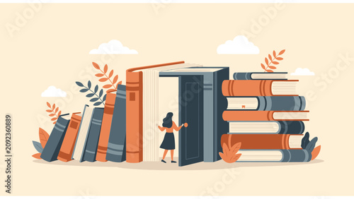 Literary Adventure Illustration featuring woman opening door inside giant book. Ideal for education blogs and library promotions.