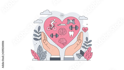 Holistic Health Concept featuring hands holding a heart filled with fitness, mental health, and dental icons ideal for wellness blogs, healthcare marketing, and insurance brochures.