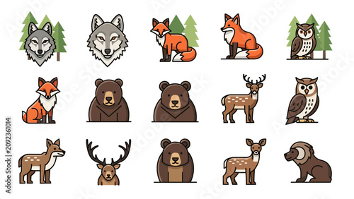 Forest Animal Icon Set featuring minimalist flat vector illustrations of wolves, foxes, bears, owls, and deer. Ideal for educational materials and nature-themed branding.