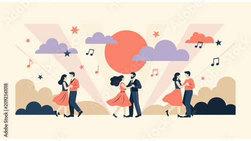 Elegant Ballroom Dance flat vector illustration of couples dancing under a sun with musical notes ideal for event invitations and music festival posters.