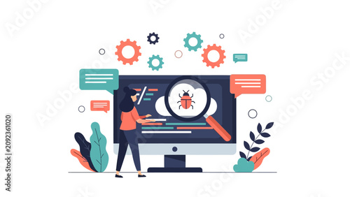 Software Debugging Concept featuring female developer inspecting bug on monitor with magnifying glass and gears, ideal for tech blogs and software development marketing.