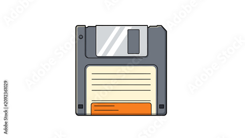 Retro Floppy Disk Illustration. Gray 3.5-inch diskette with yellow label and orange accent on white background ideal for tech history blogs and save icon metaphors.