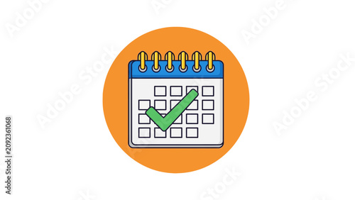 Calendar Icon with Checkmark. Blue spiral calendar with green tick on orange circle background. Ideal for scheduling apps, task management, and deadline reminders.