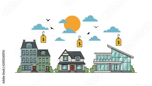 Real Estate Market Illustration featuring diverse house styles with dollar price tags under a sunny sky, ideal for property investment blogs and mortgage services.