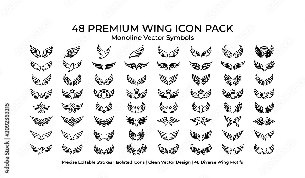 Obraz premium Elegant Wing Icon Pack with Angel Wings Feather Symbols and Flight Emblems Vector Set