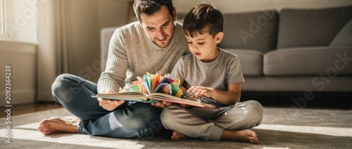 A Caring Father and Son Enjoy Reading Together at Home in a Cozy Living Room with Soft Natural Light and Warm Atmosphere