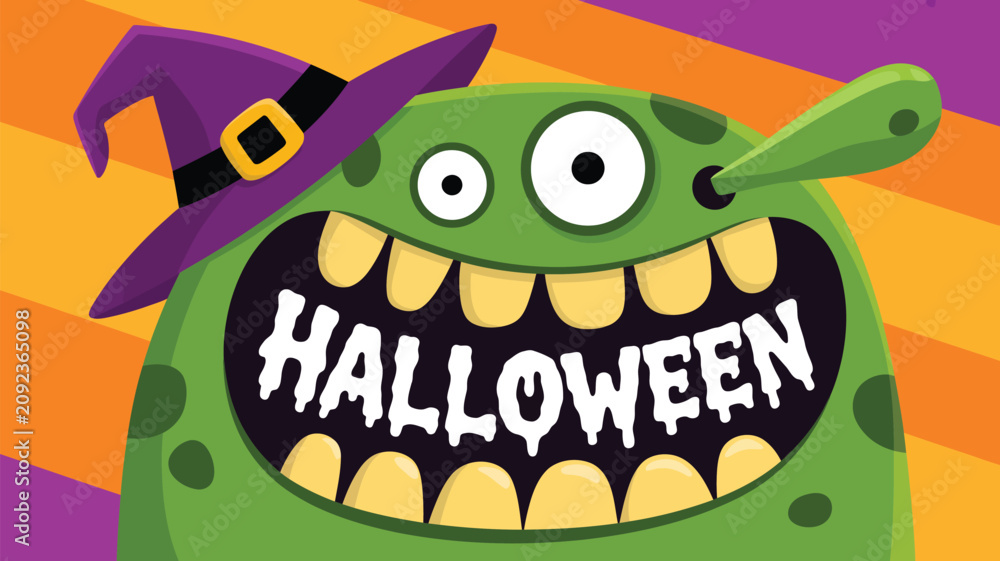 Fototapeta premium Friendly green monster wearing a spooky witch hat for Halloween celebration against striped background