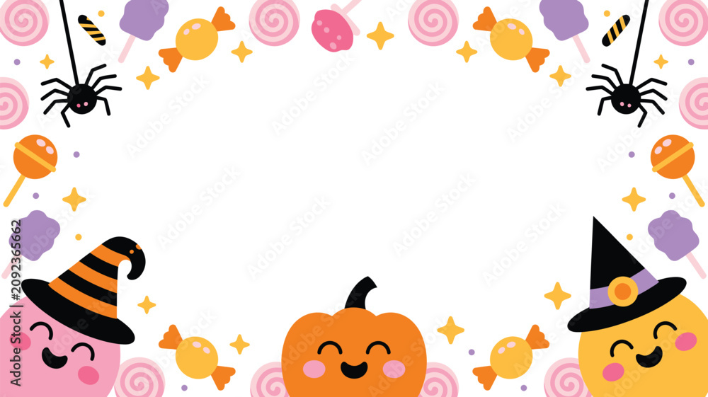 Fototapeta premium Friendly Halloween characters and candies create a colorful border on white background