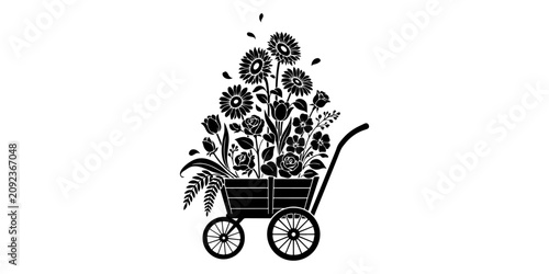 Slika na platnu Black silhouette of a mobile flower cart filled with potted plants and flowers i