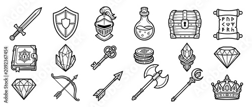 Fantasy RPG game icon pack fantasy game item collection set with medieval weapons and magic artifacts