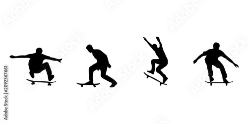 Fényképezés Dynamic silhouettes of urban skateboarders capture different mid-air tricks and poses on skateboards against a clean white background