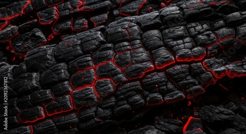 A close-up shot of charcoal, highlighted with vibrant red glowing lines. The charcoal surface displays a rough, textured pattern resembling volcanic rock.