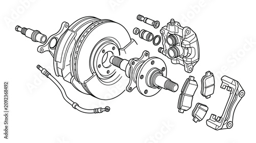 Modern Exploded View Diagram of Car Brake Caliper Assembly with Pads Rotor and Hardware in Monochrome