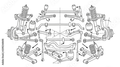 Minimalist Black and White Technical of Vehicle Suspension System Components and Assembly with high quality professional line art symbols for modern creative design and digital branding projects