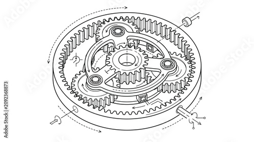 Minimalist Black and White Line Drawing of Intricate Planetary Gear System with Rotational Arrows