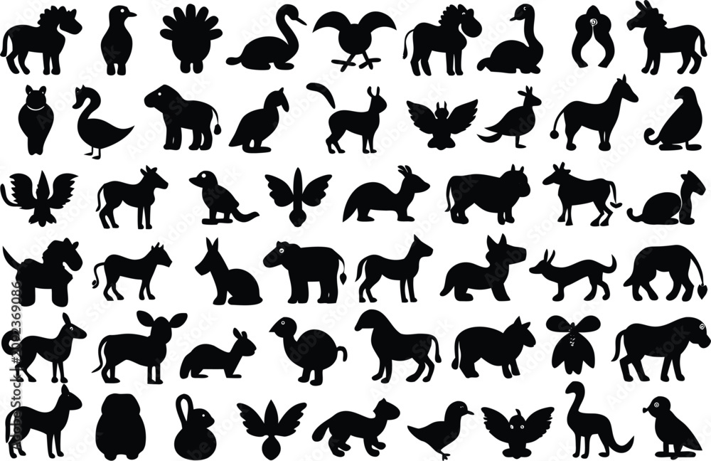 Fototapeta premium Set of black animal silhouettes on a flat design isolated on transparent background, Vector