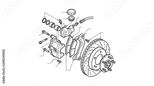 Elegant Exploded View Diagram of a Car Disc Brake Caliper Assembly with Brake Disc and Hardware Components