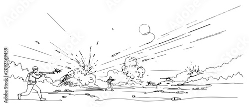Bild auf Leinwand War battlefield scene with soldiers and explosions, military combat action and a
