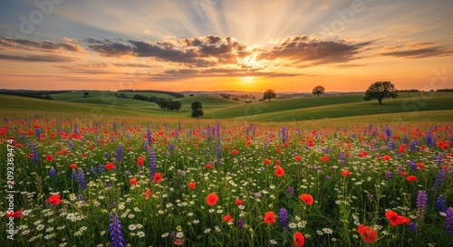 The sun sets over a vibrant meadow filled with wildflowers. A golden light streams from the horizon, creating a dramatic and beautiful scene.