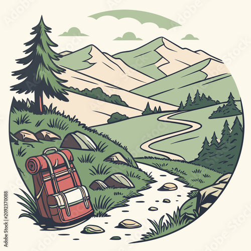 Photos Backpack and tent in a scenic mountain landscape with winding trails and pine tr