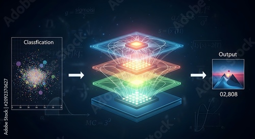 Neural network learning process depicted with layers data classification transforming into image output.