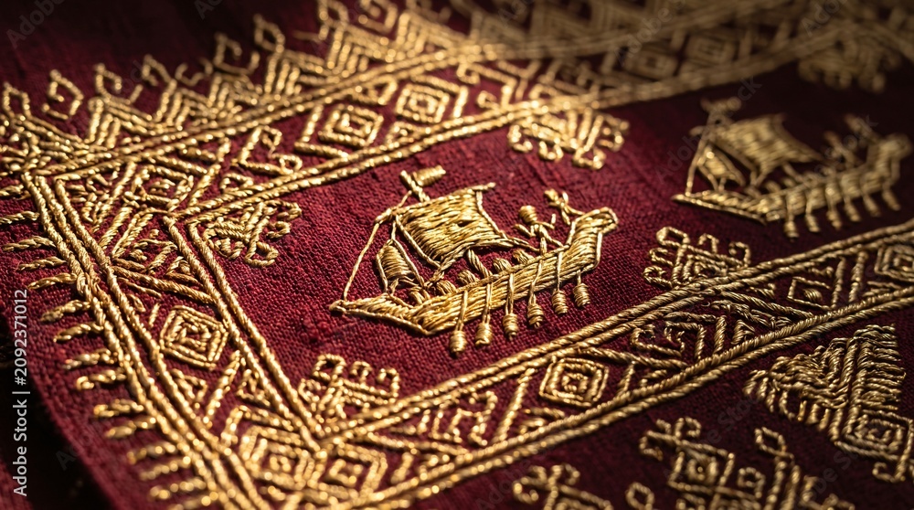 Naklejka premium Traditional Lampung tapis ceremonial textile close-up, intricate gold thread embroidery with ship and geometric motifs on deep wine red base, Indonesian Sumatera heritage luxury fabric