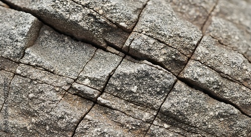 Detailed close up view of rugged rock surface with prominent cracks and textured granular pattern.