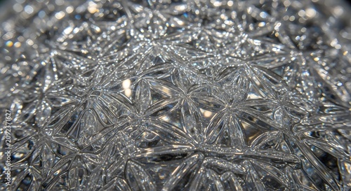 Close up macro view of textured glass surface with intricate starburst patterns and sparkling reflections.