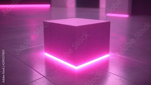 A glowing pink cube sits on a sleek floor enhancing the ambiance of a contemporary room