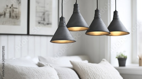 Stylish pendant lights illuminate soft cushions in a serene and inviting room setup