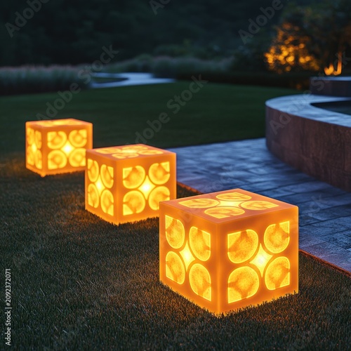 Bright cubes light up the garden path casting warm hues in the evening glow