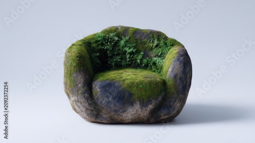 A whimsical moss armchair shaped like stone inviting you to relax