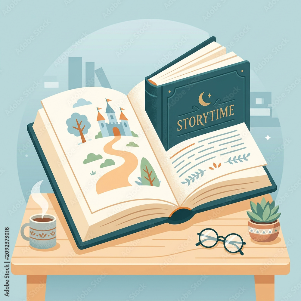 Fototapeta premium Cozy Storytime Scene With Open Book And Coffee Cup