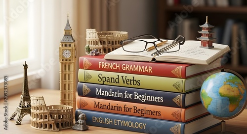 Language learning concept with stack of textbooks and miniature world landmarks on wooden study table.