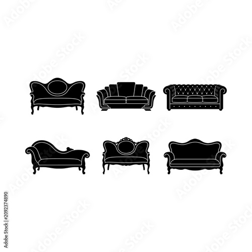 Obraz na płótnie Collection of elegant black silhouettes showcasing various classic and vintage sofas, couches, and a sophisticated chaise longue