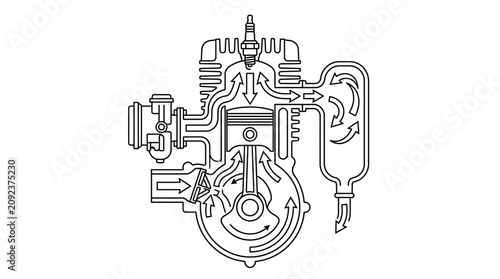 Bild auf Leinwand Elegant Black and White Line Drawing of Internal Combustion Engine with Flow Arr