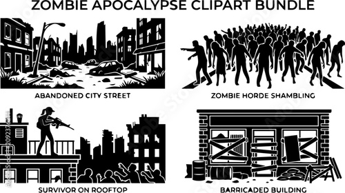 Fotografía Zombie Apocalypse City Silhouette Set – Zombie Horde, Ruined Street, Rooftop, Ho