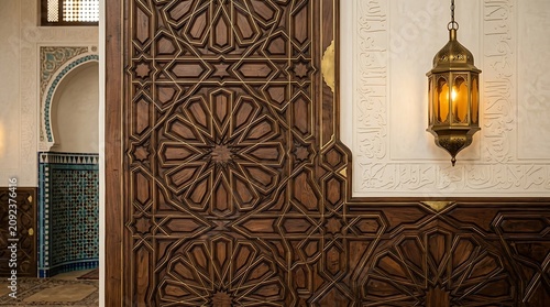 Intricate wood carving detail on traditional wall paneling with hanging brass lantern in authentic middle eastern interior.