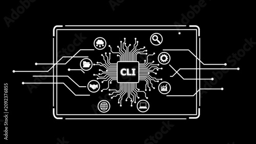 Command Line Interface C L I Technology Concept with Circuit Board and on black Background computer chip.4k motion graphics animation video.