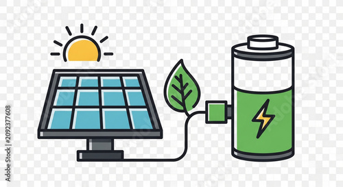 Solar Panel Charging Battery with Green Energy and Sunlight Illustration